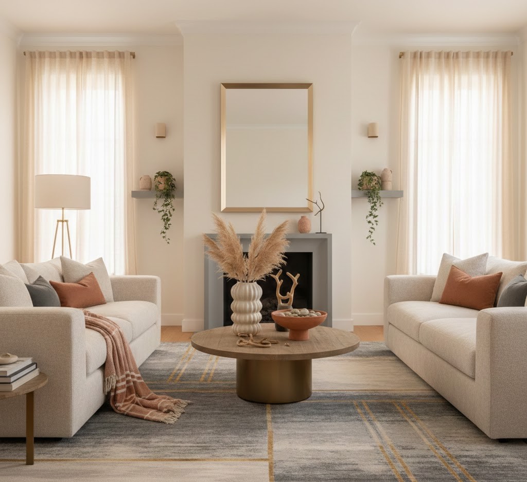 Warme woonkamer met decoratieve items